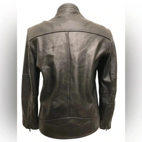 Black Rivet- Band Collar Leather Moto Jacket - Picture 6 of 12